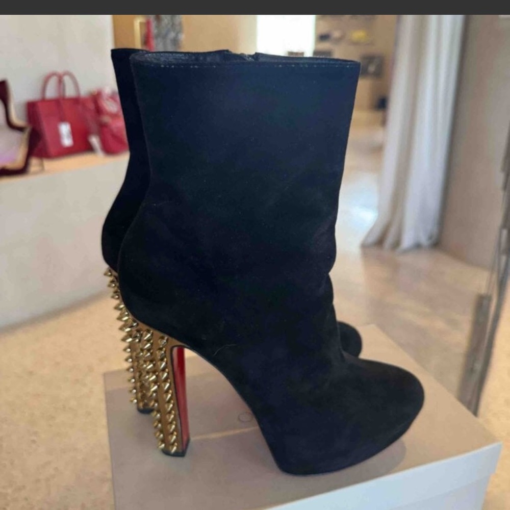 Christian Louboutin Black Suede Boots with Gold Spiked Heels - Picture 2 of 5